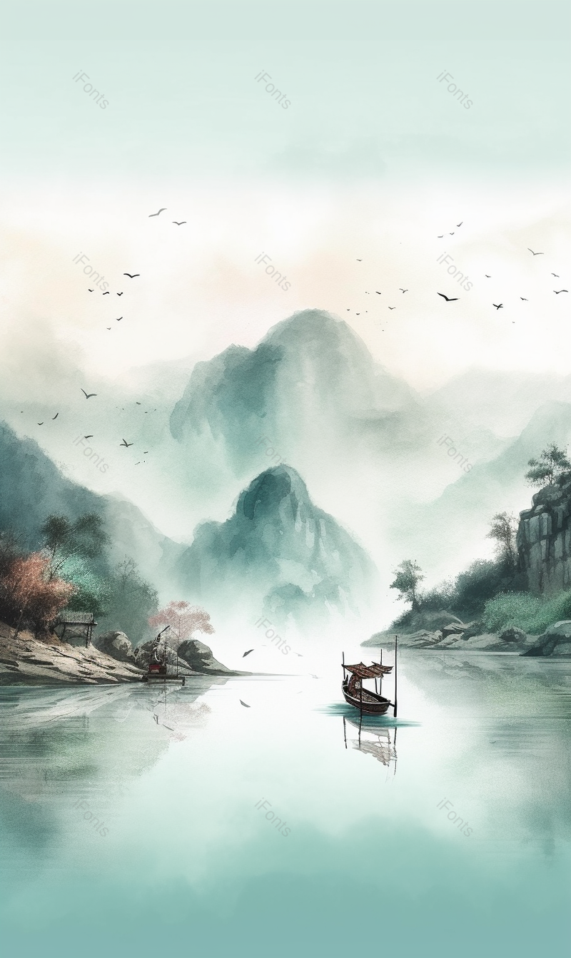 中国风山峰飞鸟一叶扁舟水墨彩色山水画,插画/手绘图,插画/手绘图库,插画/手绘图下载,插画/手绘